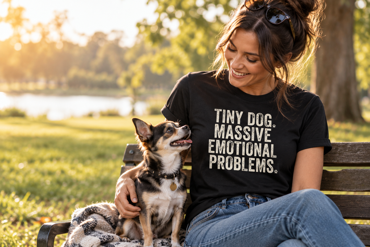 Dog parent wearing the Tiny Dog Massive Emotional Problems tee beside a small dog