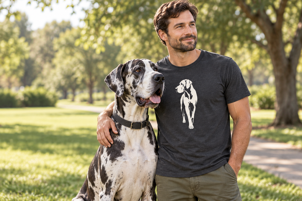 Dog owner wearing a Great Dane tee beside a Great Dane