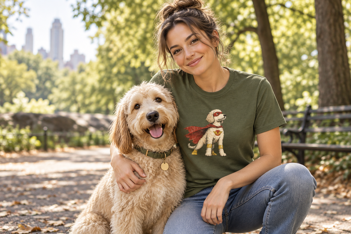 Dog parent in a dog lover tee with a Golden Doodle