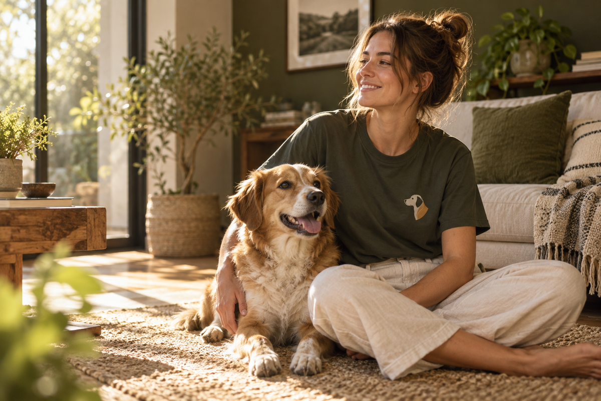 Dog lover wearing a Mutt Style tee with her dog