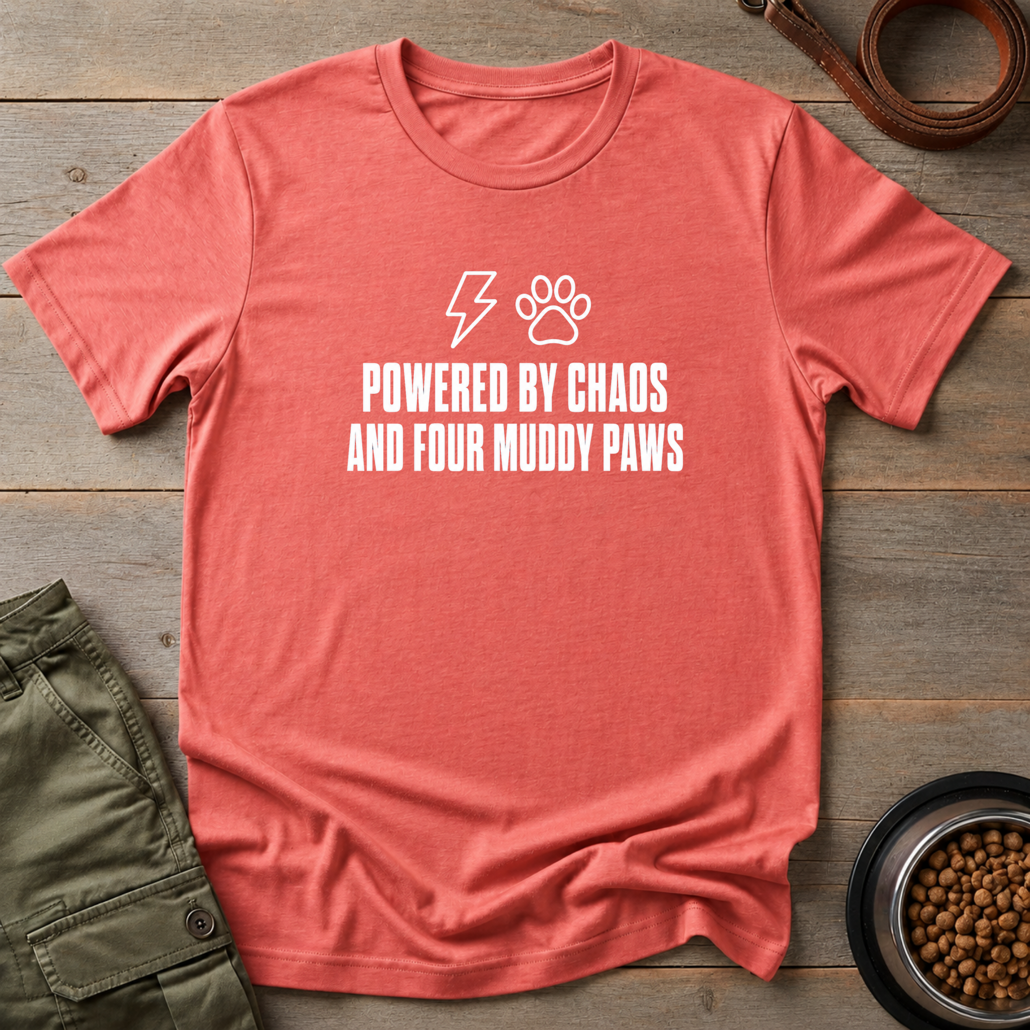 Powered By Chaos And Four Muddy Paws Tee