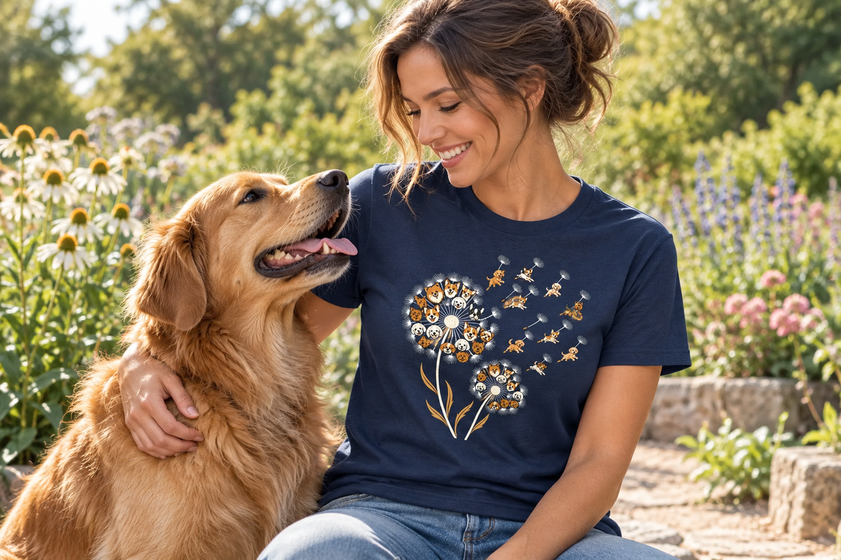 Dog owner walking a corgi while wearing the olive Short King Energy Mutt Style tee